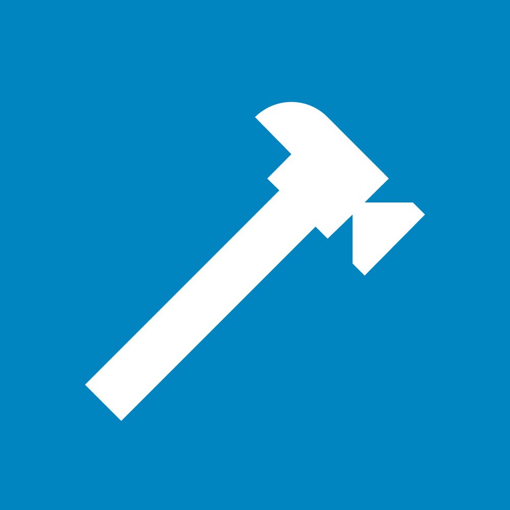 White roofing tool icon on a blue background, symbolizing roofing services and expertise for Sevierville, Pigeon Forge, and Gatlinburg.