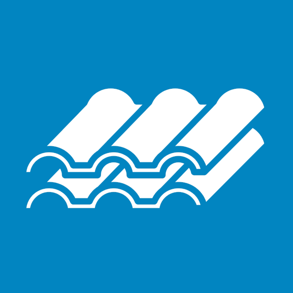 Iconic graphic of roofing shingles on a blue background, representing quality roofing solutions for homes.