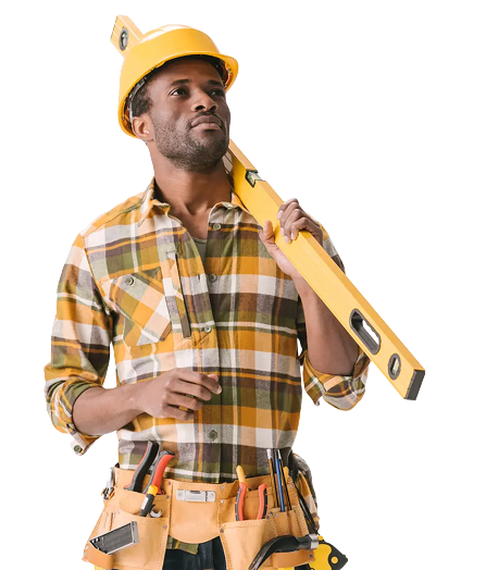 Construction worker in a yellow hard hat holding a level tool, wearing a plaid shirt and tool belt, representing expertise in roofing and home improvement services.